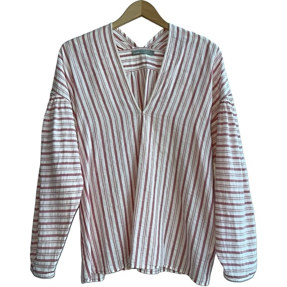 VINCE | Variegated Red Striped Long Sleeve Pullover Top | Cotton V-neck | Medium - Picture 8 of 14
